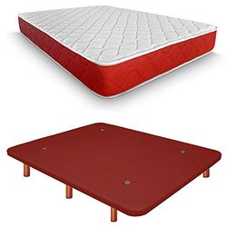 Duérmete Online Base imbottita 3D rinforzata anti rumore + materasso viscoelastico Lite reversibile | gambe in legno color ciliegio, rosso, 135 x 190 cm