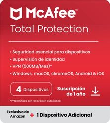 McAfee Total Protection 2024, 4 Dispositivos + 1 Adicional Gratis | Antivirus, VPN, seguridad móvil y de Internet | PC/Mac/iOS/Android|Suscripción de 1 año|Código de activación por correo electrónico