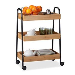 Relaxdays Bamboo Serving Cart, 3 Tiers, 360° Rotating Wheels, Handles, Steel Frame, Engineered Wood, Natural/Black, H x W x D: app. 70 x 49.5 x 28 cm