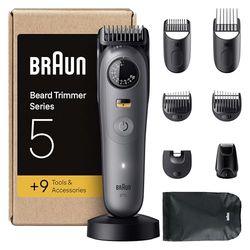 Braun Beard Trimmer Series 5, +9 Styling Tools, Ultra Sharp Blade, 120 Min Runtime, 40 Lengths, Waterproof, PrecisionWheel & Lock, BT5565, Grey