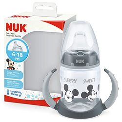 NUK Disney Mickey First Choice+ drinkfles, 6-18 maanden, 150 ml (1 pak), anti-kolic-ventiel, lekvrije drinksnavel, ergonomische handgrepen, BPA-vrij,1 stuk (pak van 1) grijs