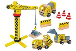 SirWood Set met kranen en 3 houten bouwwerken - kraan met werkende riemschijf - accessoires inclusief Globo speelgoed - 41757