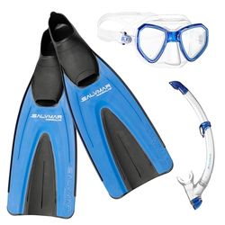 SALVIMAR, Tris snorkelmasker Morpheus Adulto siliconen + Snorkel Time Splash + Nobilis zwemvliezen, blauw, 44/45