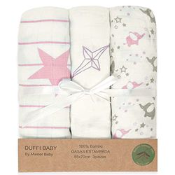 Duffi Baby - Confezione da 3 garze per bebè in bambù stampate, set di tre garze per neonati rettangolari 55 x 70 cm, coperta estiva per bebè 100% bambù morbido. Asciugamani per neonati - Colore rosa 0787-06
