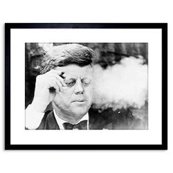 Wee Blue Coo 9x7 '' VINTAGE PHOTO B&W JFK KENNEDY SMOKING CIGAR FRAMED ART PRINT F97X1714