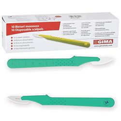 Gima - Bistouris en Acier Inoxydable, Manche en ABS, Stérile et Jetable, Premium, Protège-lame de sécurité, Taille n. 24, 10 scalpels emballés individuellement.