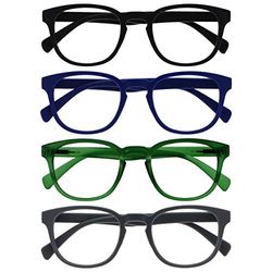 OPULIZE Pop Reading Glasses 4 Pack Fun Round Matt Frame Black Blue Moss Green Grey Spring Hinges Scratch Resistant Mens Womens RRRR2-1367 +1.50