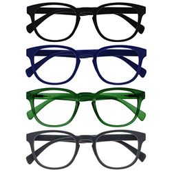 Opulize Pop Gafas de Lectura Pack de 4 Redondas Negro, Azul, Verde Musgo y Gris Mate Satinado Bisagras con Muelle Resistentes a los Arañazos Hombre Mujer RRRR2-1367 +3.00