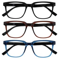 OPULIZE LEO Gafas de Lectura - Pack de 3 - Montura Rectangular Grande - Negro, Marrón, Azul - Hombre Mujer - Bisagras de Muelle - RRR55-123 - +2.00