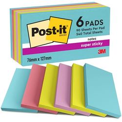 Post-it Foglietti Super Sticky, Collezione Cosmic, Confezione da 6 blocchetti, 90 Fogli/blocco, 76 mm x 127 mm, Colori Turchese, Verde, Rosa - Foglietti Extra Adesivi per Appunti, Elenchi & Promemoria