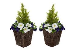 GreenBrokers Rotan Kunstmatige Patio Planters met Donker Paars & Wit Petunias (Set van 2)