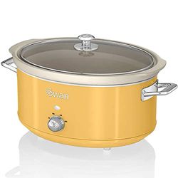 Swan Retro SF17031YELNEU Pentola Cottura Lenta 6,5L Contenitore Estraibile, Antiaderente Ceramica Libera PFOA e PTFE, 3 Livelli Temperatura, Coperchio Vetro, Slow Cooker Design Vintage, Giallo, 320W