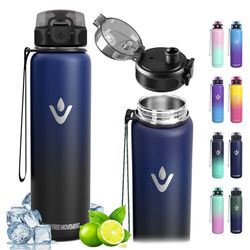 Vikaster Sportflessen, drinkfles 1000 ml, roestvrijstalen waterfles, lekvrije drinkfles, thermosfles, sportfles voor volwassenen, school, sport, yoga, kamperen, fietsen, outdoor