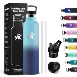 KollyKolla 1 liter thermosfles, BPA-vrij, roestvrijstalen drinkfles met rietje, lekvrij, herbruikbaar, voor kantoor, sport, fietsen, werk
