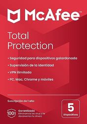 McAfee Total Protection 2024, 5 dispositivos | Antivirus, VPN, seguridad móvil y de Internet | PC/Mac/iOS/Android|Suscripción de 1 año | Correo Postal