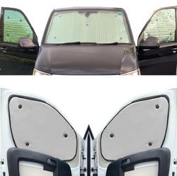 Juego Completo de estores térmicos para Ventanas (Set Completo LWB + Puertas de Granero + cuarteles Traseros) Compatible con Volkswagen Crafter (años 2000 – 2017) con Color de Respaldo en Gris Claro,