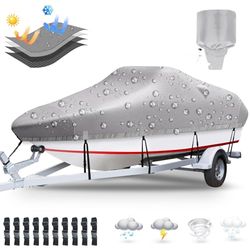 Plscoverit Housse de Bateau remorquable en Toile de Polyester 1200D, résistante aux UV et imperméable avec Housse de Moteur, Convient aux Bateaux à Coque en V et Triple Coque, Runabout, Bateau de