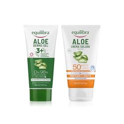 Equilibra, Multipack Aloe Dermo-Gel 3+ ed Equilibra Aloe Crema Solare 50+, Formato 150 ml, Crema Solare con Vitamina C, Vitamina E e Aloe Vera, Dermo-Gel con 99% Origine Naturale, 98% Aloe Vera