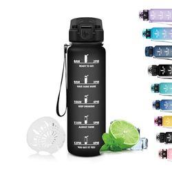 Grsta Drinkfles voor kinderen, 500 ml, filterfles, lekvrij, drinkfles met tijdschema's, gemakkelijk te reinigen, motiverende drinkfles met tijdschaal, voor school, camping, zwart