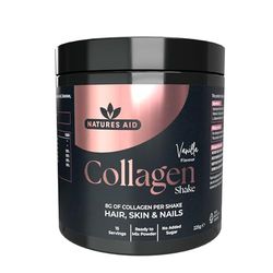 Natures Aid Collagen Shake Powder 8000 mg, Premium High Strength Hydrolysed Bovine Collagen Peptides with Added Hyaluronic Acid Selenium Biotin and Vitamin C, Vanilla, 225 g