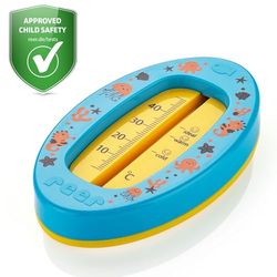 reer Babybadtermometer oval | barnsäker badtermometer | optimal badtemperatur för badkaret | kvicksilverfri | högt mätområde | tydlig skala | blå