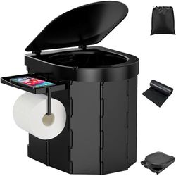 PAHTTO Inodoro portátil para camping, inodoro plegable para adultos con estante desmontable para teléfono y soporte para papel higiénico, orinal Porta con tapa (negro)