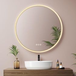 EMKE Espejo baño con luz Redondo 60 cm, Espejo LED Redondo con Interruptor táctil, antivaho y función Memoria, Espejo baño Redondo con luz Tricolor Regulable (Champagne)