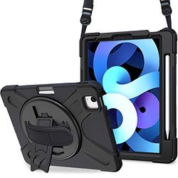 ProCase Hoes voor iPad Air 5 10,9" 2022 / Air 4 10,9" 2020 / iPad Pro 11" 2020/2018, Heavy Duty Rugged Case Shockproof Hoesje Beschermhoes Cover met Schouderriem en 360 Draaibare Standaard -Zwart
