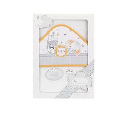 Interbaby - Capa de Baño Bebe Blanco/Naranja | Toalla Bebe con Capucha 100% Algodón, 100x100cm, Unisex | Suave, Cómoda, Secado Rápido | Ideal Recién Nacidos, Bebes y Niños Pequeños | Diseño Animalitos