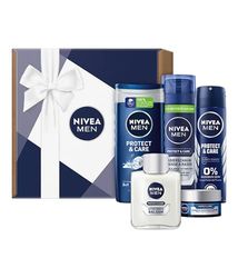 NIVEA MEN Protect & Care - Set regalo per uomini, confezione regalo con cura del viso (50 ml), schiuma da barba (200 ml), balsamo dopo shave (100 ml), deodorante spray (150 ml) e gel doccia (250 ml)