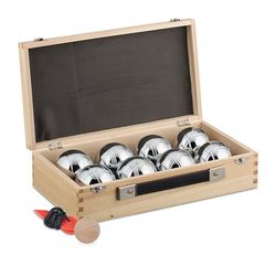 Relaxdays 8 Bolas de Petanca Acero, Cuerda de Medición y Maletín de Madera, Juego Boccia, 72 mm, Natural/Plateado