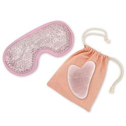 Sun & Sia - Kit Masque Yeux Chaud/Froid et Gua Sha en Pierre Naturelle Quartz Rose (+Housse) - Rafraîchit le Teint, Traite les Poches et Cernes, Stimule la Circulation - Effet Anti-Âge et Peau + Ferme