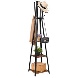 HOOBRO Coat Rack, Sturdy Coat Stand with 3 Shelves, Free Standing, Ladder Shelf with Hooks for Hats, Bags, Scarves and Clothes, Steel Frame, Industrial Style, Rustic Brown EBF82YM01