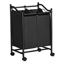 SONGMICS Carrello Porta Biancheria con 2 Sacchi Rimovibili, Ceste per Bucato con Rotelle Universali, capacità Totale di 90 Litri, Nero LSF002BK