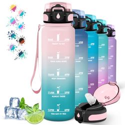 Drinkfles, 1 liter, lekvrije fitnessfles, motiverende drinkfles met tijdschaal, drinkfles met rietje, gemakkelijk te reinigen, drinkfles voor sport, wandelen, fietsen, roze-groen