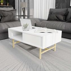 Moderne witte koffietafel, 90 x 54 x 39,6 cm, 100% melamine gecoat chipbord en metaal, stijlvol design voor woonkamer en woondecoratie