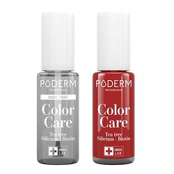 PODERM - LOT 2 PRODUITS | SOIN VERNIS PROFESSIONNEL | Base Coat Tenue Parfaite + Vernis ROUGE ALLURE Tea Tree | Prévention & Traitement des Ongles Jaunes/Abîmés | SOIGNE & COLORE | Swiss Made