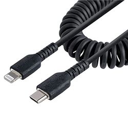 StarTech.com 1m USB-C naar Lightning Kabel, Zwart, MFi Gecertificeerd, iPhone Lader Spiraalkabel, Duurzame Aramidevezels, Robuuste USB-C Lightning Laadkabel (RUSB2CLT1MBC)