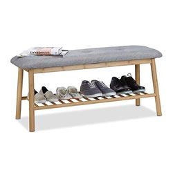 Relaxdays schoenenrek met bank bamboe, voor 4 paar schoenen, voor 2 personen, schoenenkast, halbank lang, natuur-grijs