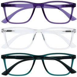 OPULIZE NYX Blue Light Blocking Reading Glasses - Anti-Glare Computer and Gaming Eyewear - 3 Pack - UV and Eyestrain Protection - Rectangular Frame - Purple Clear Turquoise - Men Women - + 0.00