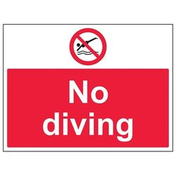 VSafety 58017BF-R "No Diving" förbud vattenskylt, styv plast, landskap, 400 mm x 300 mm, svart/röd