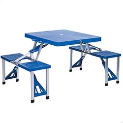 AKTIVE Fällbart bord och 4 pallar, portföljbord, picknickbord, 85 x 64 x 67 cm, paraplyställ, aluminiumram, för 4 personer, max 80 kg, camping, blå, 52892