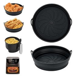 Alyvisun Teglie per Friggitrice ad Aria, 2 Pezzi Teglia Accessori in Silicone per Air Fryer Contenitori Cestello Riutilizzabile Rotondo Tappetino Stampi Per Airfryer, Microonde, Forno (Nero)