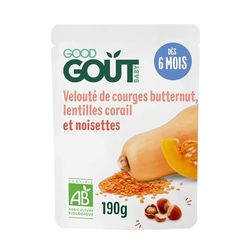 GOOD GOÛT - Velouté de courges butternut, lentilles corail et noisettes - Plat Cuisiné Pour Bébé - Introduction des allergènes - Dès 6 Mois - Purée lisse - Fabriqué En France - 190g