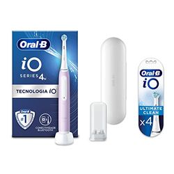 Oral-B iO 4 Cepillo de Dientes Eléctrico Lavanda con Mango Recargable, Tecnología Magnética iO, 1 Cabezal de Recambio y Funda de Viaje + 4 Cabezales Blancos Ultimate Clean