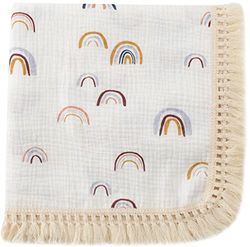 CHUNGEL Cotton Baby Muslin Tassles 40"x 47", Baby Receiving Blanket with Fringe, Boho Muslin Swaddle Blanket with Fringe