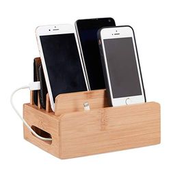 Relaxdays Stazione di Carica Cellulari, Accessori Scrivania Porta Cellulare, 6 Dispositivi, 9x17x13 cm, legno naturale