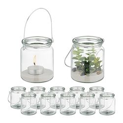 Relaxdays Photophore en Verre, Lot de 12, Porte-Bougie avec Anse, HxD : 9,5x8 cm, bougeoir Rond, Transparent/argenté