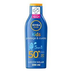 NIVEA SUN Leite solar Kids Protege & Cuida FP50 (1 x 200 ml), protetor solar infantil resistente à água, proteção solar muito alta para crianças
