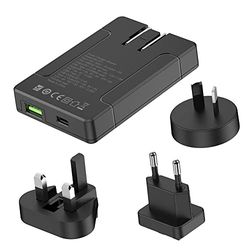 Budi uniwersalna ładowarka ścienna, USB + USB-C, PD 65W + EU/UK/US/AU adaptery (czarne)